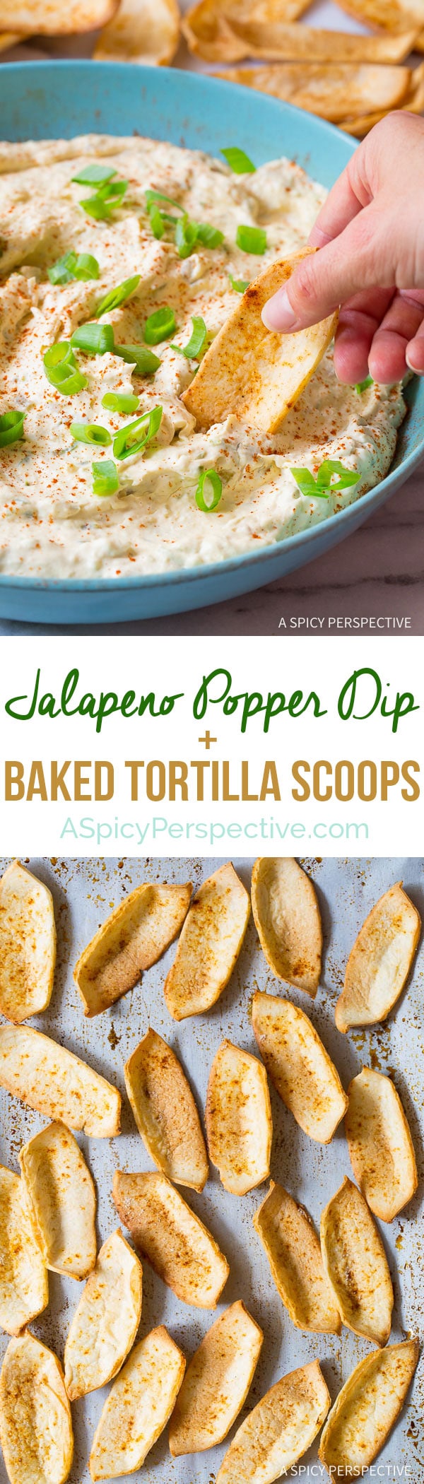 Creamy Stovetop Jalapeno Popper Dip with Fresh Baked Tortilla Scoops on ASpicyPerspective.com. A game day favorite that can be easily lightened-up for waistline watchers!