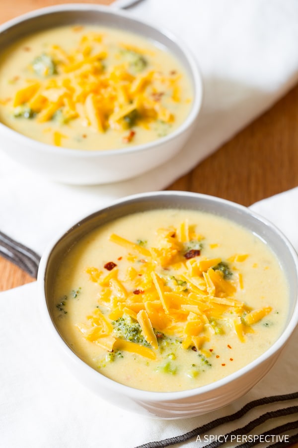 The Best Lightened-Up Broccoli Cheddar Soup Recipe on ASpicyPerspective.com - All of the flavor, none of the guilt!