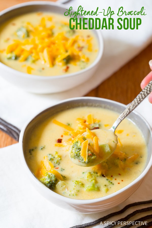 Best Lightened-Up Broccoli Cheddar Soup Recipe on ASpicyPerspective.com - All of the flavor, none of the guilt!