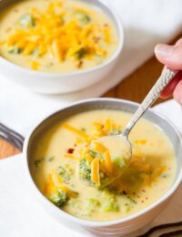 Lightened-Up Broccoli Cheddar Soup Recipe on ASpicyPerspective.com - All of the flavor, none of the guilt!