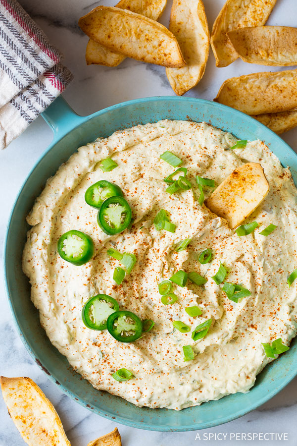 Hot Creamy Stovetop Jalapeno Popper Dip & Baked Tortilla Scoops on ASpicyPerspective.com - Light and Healthy!