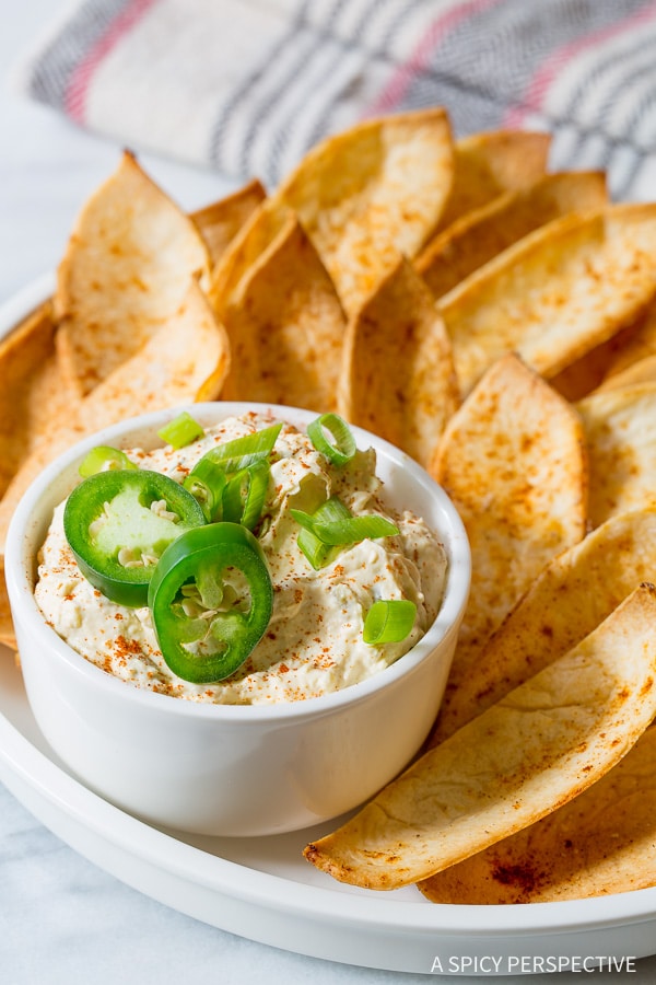 Simple Creamy Stovetop Jalapeno Popper Dip & Baked Tortilla Scoops on ASpicyPerspective.com - Light and Healthy!