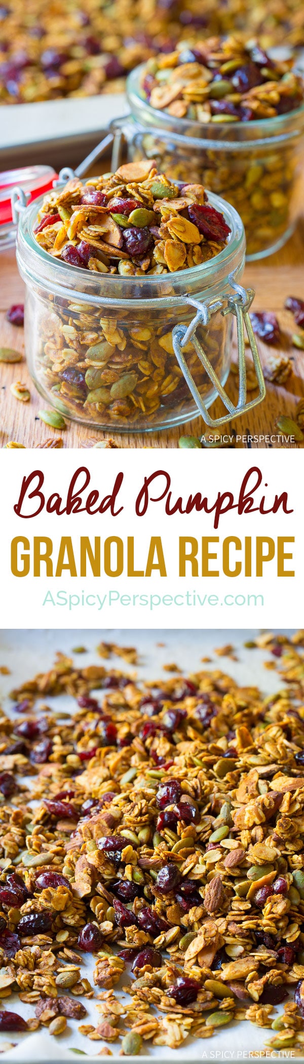 Tastes Like Fall! Baked Pumpkin Granola Recipe on ASpicyPerspective.com