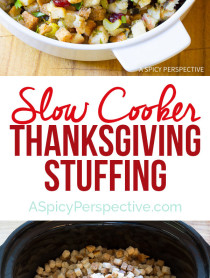 Make room in your oven for other dishes! Moist and Fluffy Slow Cooker Thanksgiving Stuffing Recipe on ASpicyPerspective.com