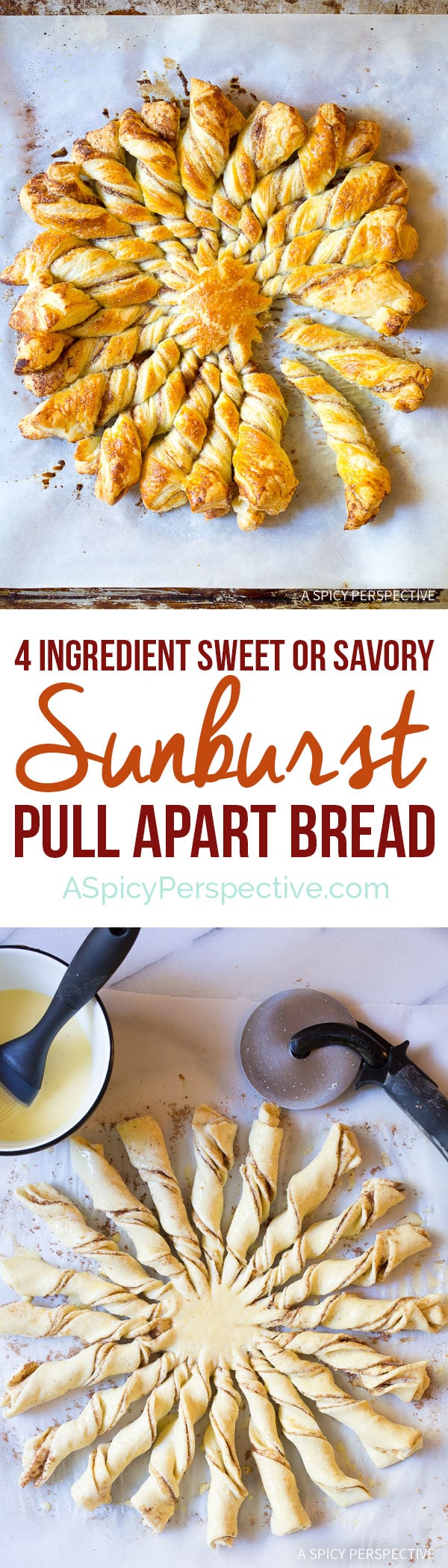 Great for the Holidays! Easy 4-Ingredient Sunburst Pull Apart Bread on ASpicyPerspective.com 