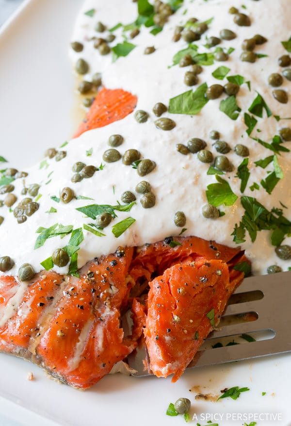 Must-Make 10-Ingredient Smoky Baked Salmon Recipe with Creamy Horseradish Sauce on ASpicyPerspective.com #holiday