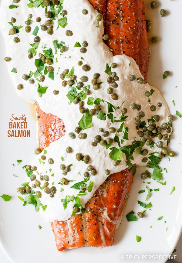 10-Ingredient Smoky Baked Salmon Recipe with Creamy Horseradish Sauce on ASpicyPerspective.com #holiday