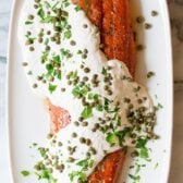 Crazy over this 10-Ingredient Smoky Baked Salmon Recipe with Creamy Horseradish Sauce on ASpicyPerspective.com #holiday