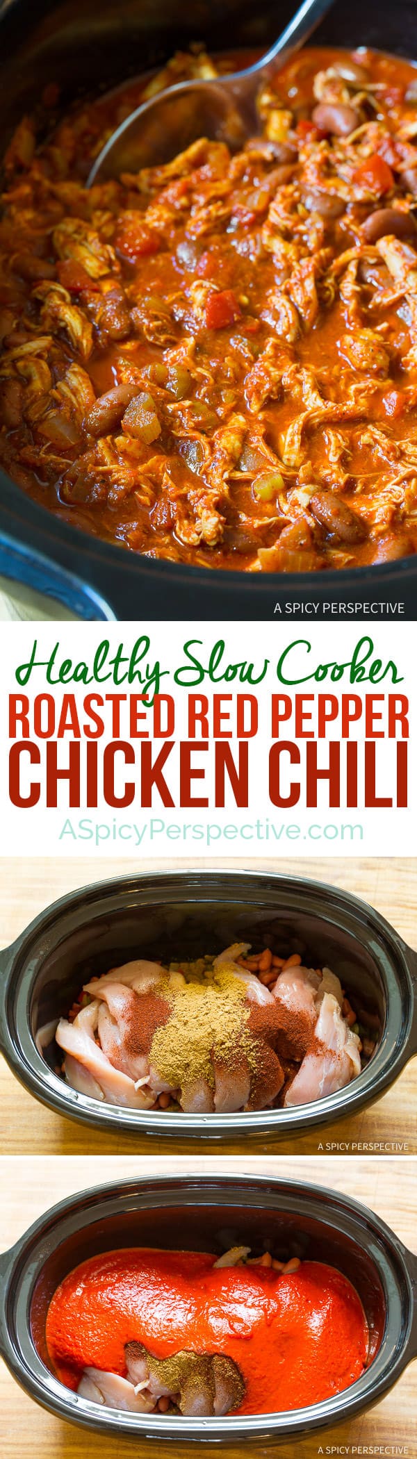 Healthy Slow Cooker Roasted Red Pepper Chicken Chili Recipe (Gluten Free & Dairy Free) | ASpicyPerpective.com