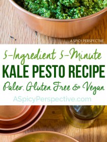Fresh and Tasty 5-Ingredient 5-Minute Kale Pesto Recipe on ASpicyPerspective.com #paleo #glutenfree #vegan