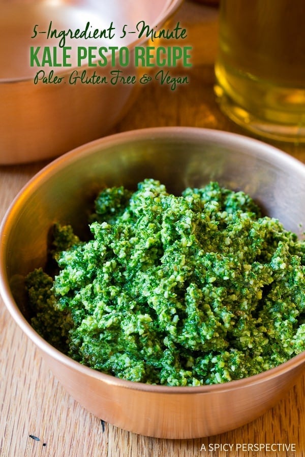 The Best 5-Ingredient 5-Minute Kale Pesto Recipe on ASpicyPerspective.com #paleo #glutenfree #vegan