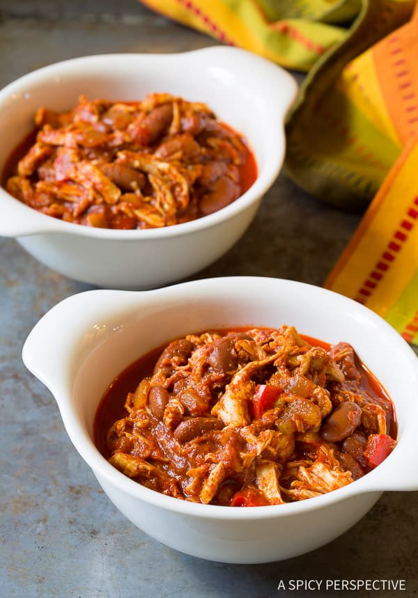 Our Favorite Healthy Slow Cooker Roasted Red Pepper Chicken Chili Recipe (Gluten Free & Dairy Free) | ASpicyPerpective.com