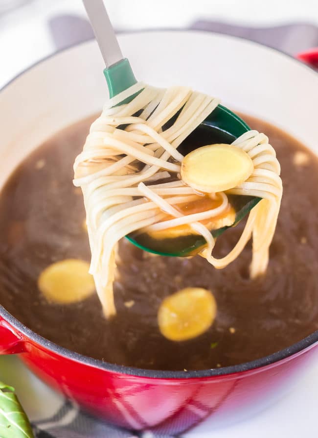 Ladle lifting up a heaping serving of broth and noodles.