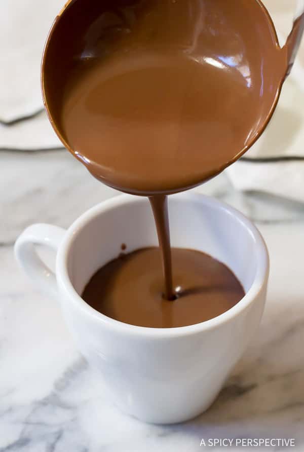 Best Chocolate Chaud - French Hot Chocolate Recipe (Drinking Chocolate) pouring into mug