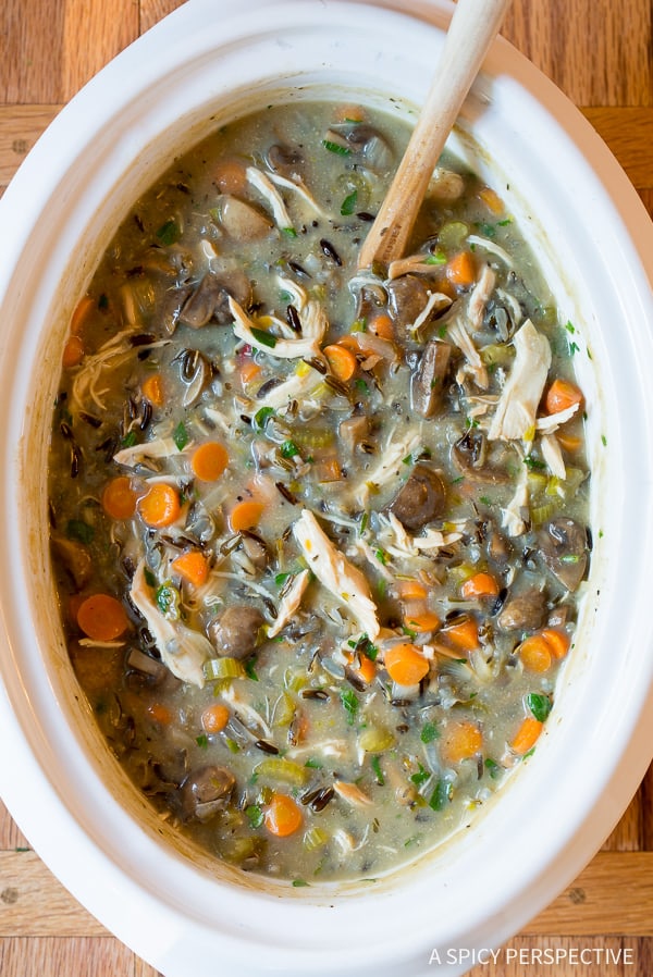So Yummy! Healthy Slow Cooker Chicken Wild Rice Soup (Low Fat, Gluten Free, Dairy Free) | ASpicyPerspective.com