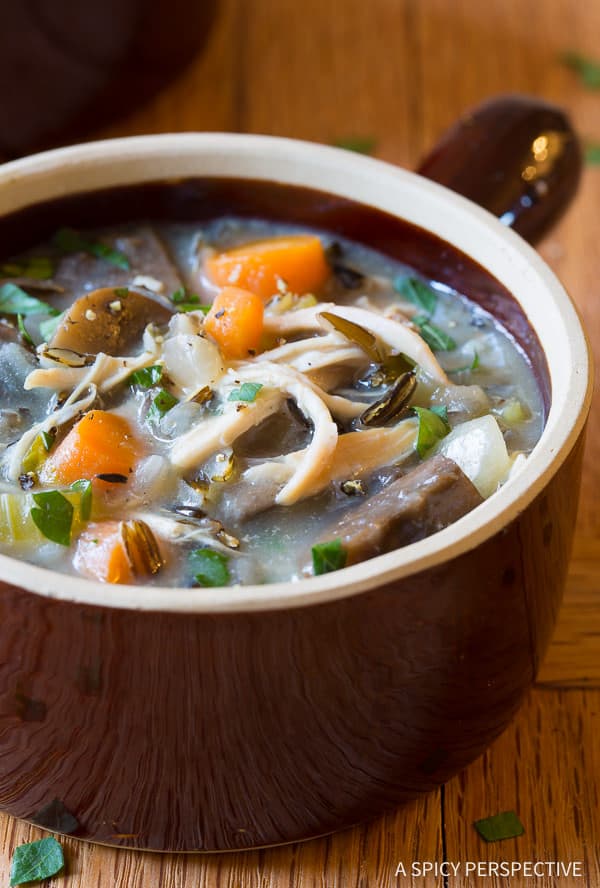 Our Favorite Healthy Slow Cooker Chicken Wild Rice Soup (Low Fat, Gluten Free, Dairy Free) | ASpicyPerspective.com