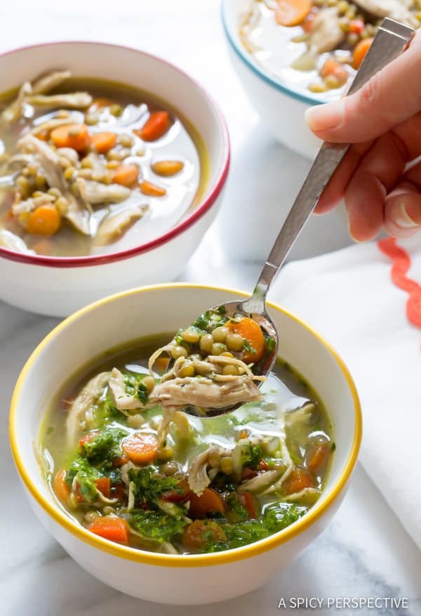 Easy Slow Cooker Chimichurri Chicken Lentil Soup | ASpicyPerspective.com