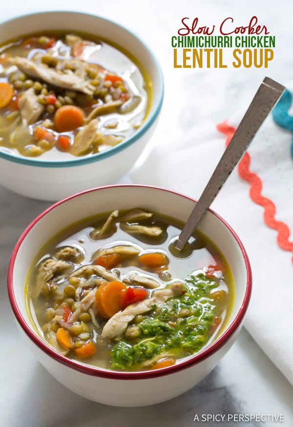 Cozy Slow Cooker Chimichurri Chicken Lentil Soup | ASpicyPerspective.com