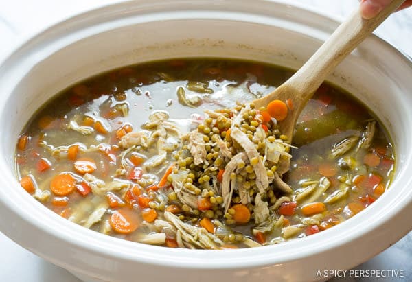 Hearty Slow Cooker Chimichurri Chicken Lentil Soup | ASpicyPerspective.com
