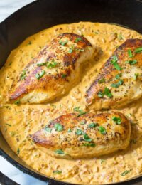 Healthy & Creamy Roasted Red Pepper Chicken Skillet Recipe | ASpicyPerspective.com