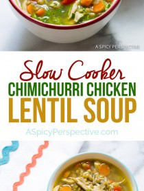 Healthy Slow Cooker Chimichurri Chicken Lentil Soup | ASpicyPerspective.com