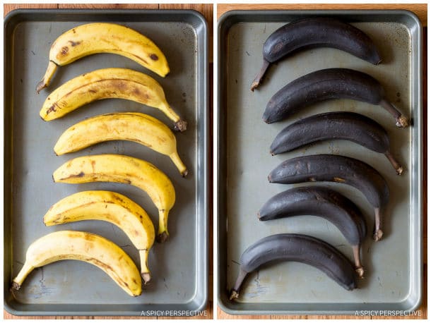 How to Ripen Bananas for Banana Bread in side by side photos. 