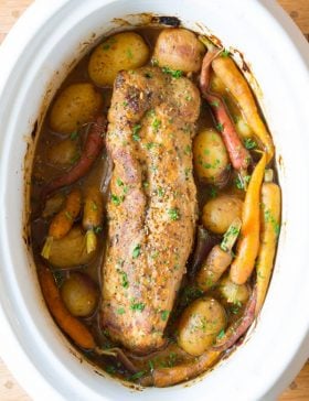 Crock Pot Pork Loin with Vegetables and Gravy | ASpicyPerspective.com