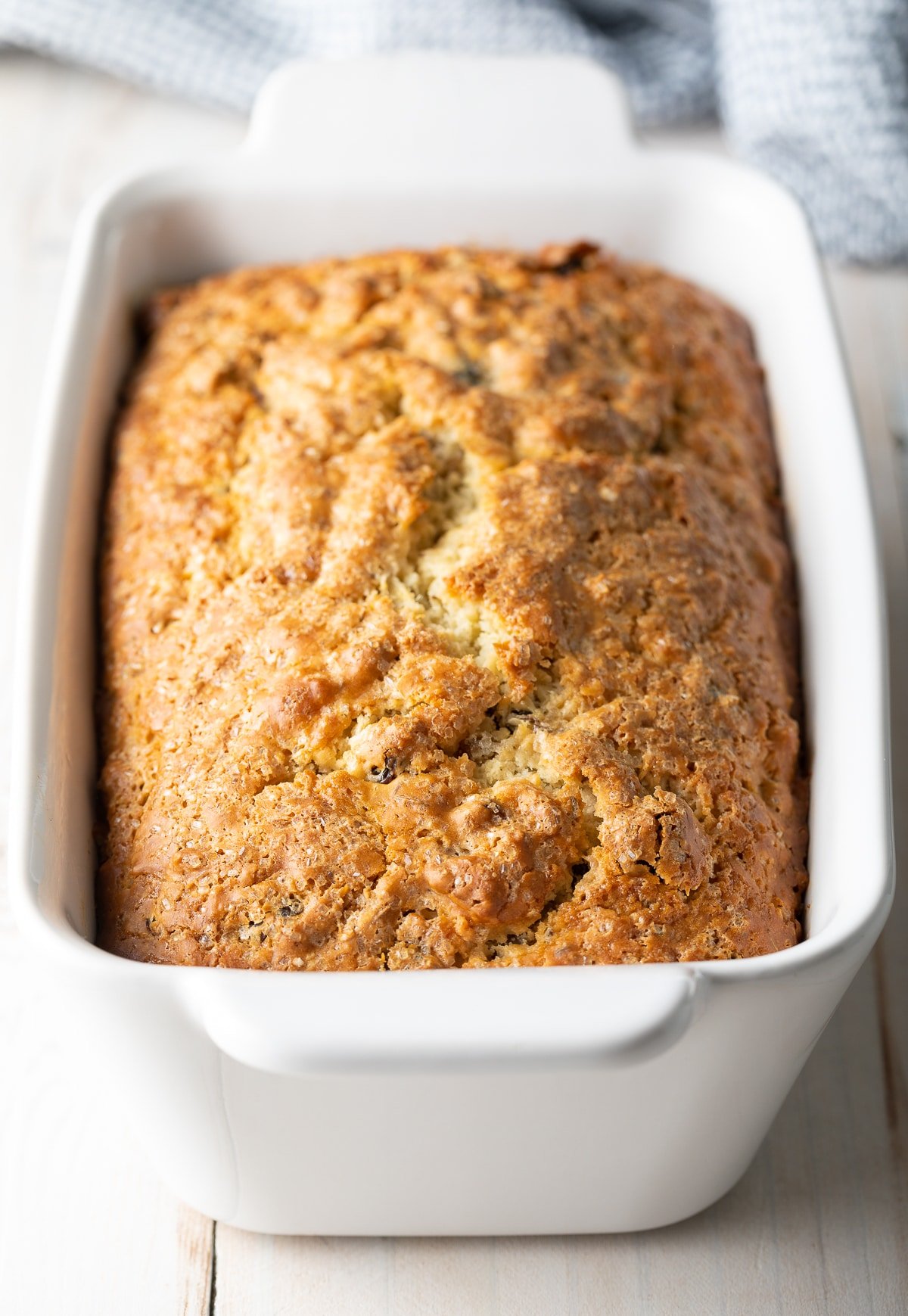 Baked Irish soda bread in a loaf pan. 