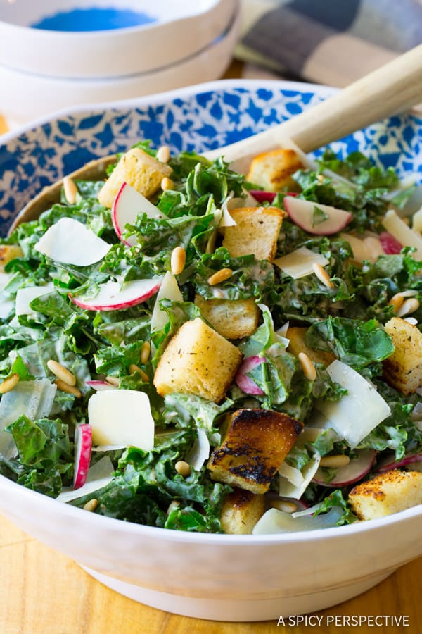 Crunchy Kale Caesar Salad Recipe | ASpicyPerspective.com