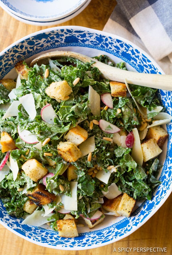 The Best Healthy Crunchy Kale Caesar Salad Recipe | ASpicyPerspective.com