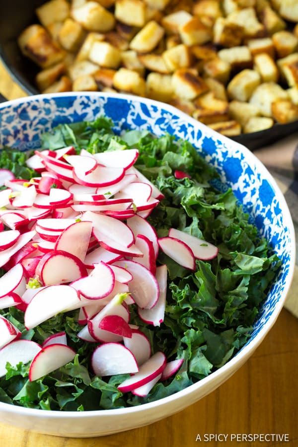Making Crunchy Kale Caesar Salad Recipe | ASpicyPerspective.com
