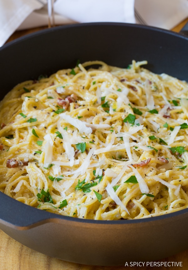 Perfect One Pot Spaghetti Carbonara | ASpicyPerspective.com