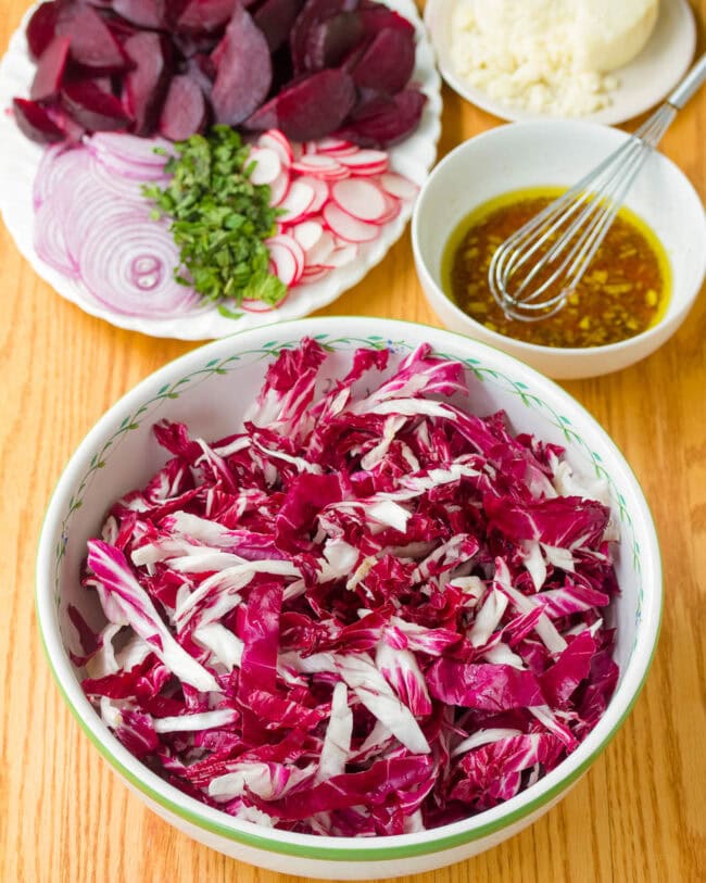 chopped up ingredients ready to be mixed for beet salad