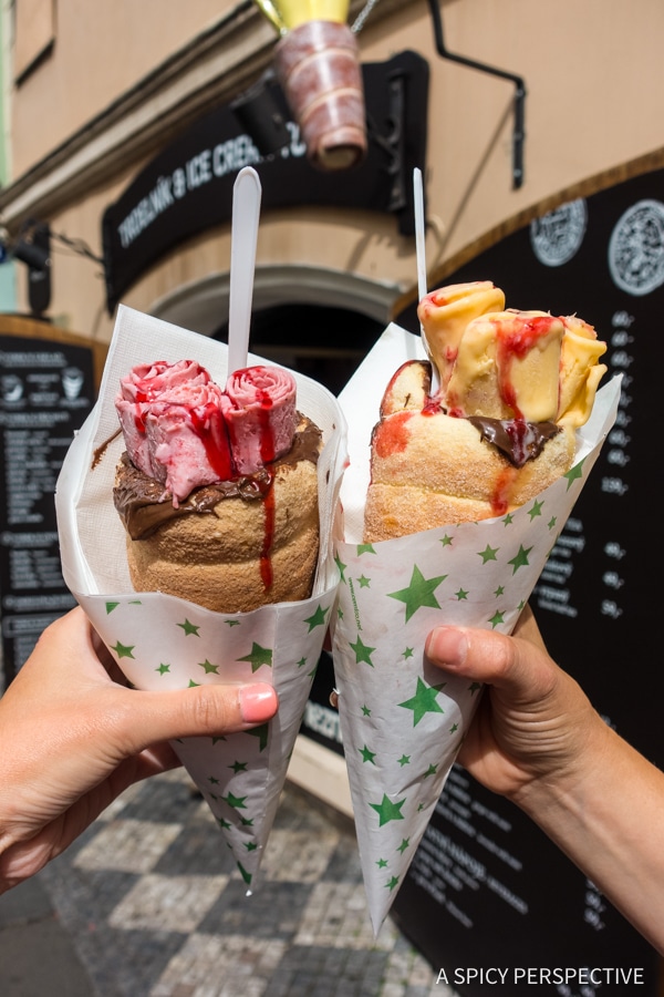 Trdelnik with Ice Cream - Top 10 Reasons to Visit Prague, Czech Republic | ASpicyPerspective.com #travel #europe