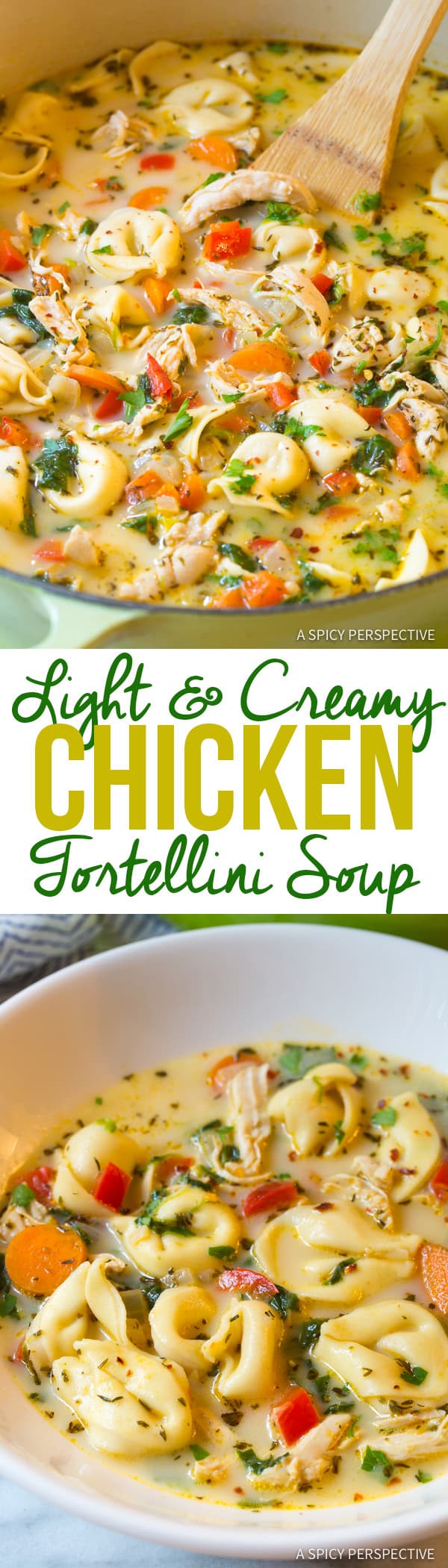 "Lightened-Up" Creamy Chicken Tortellini Soup | ASpicyPerspective.com
