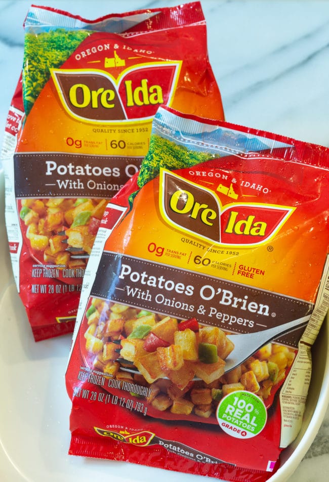 Close up of Ore Ida frozen hash brown potatoes. 