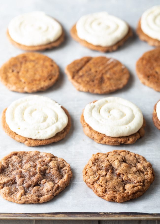 Oatmeal cookies topped with cream pie filling. 