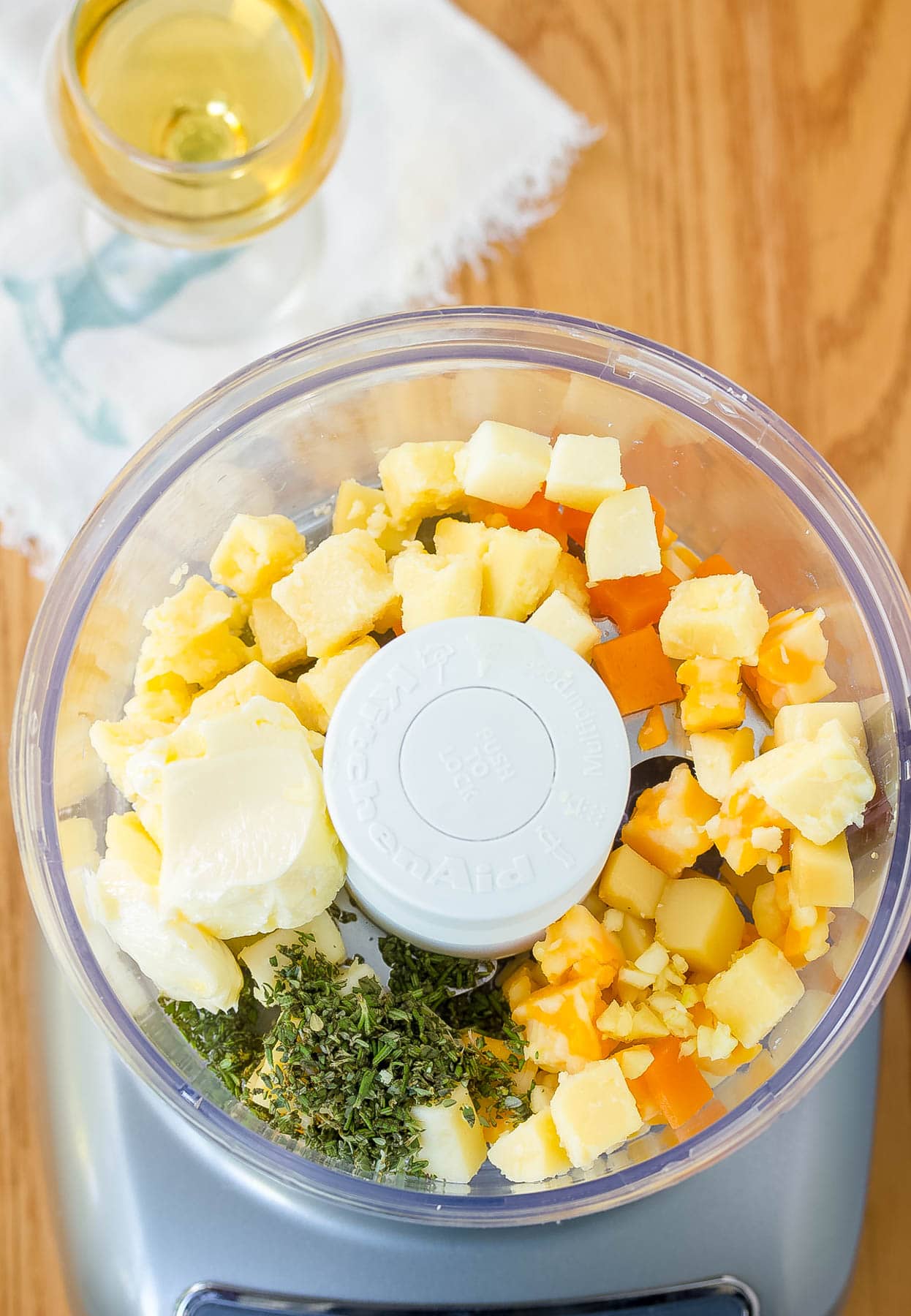 Top down view of ingredients in a blender.
