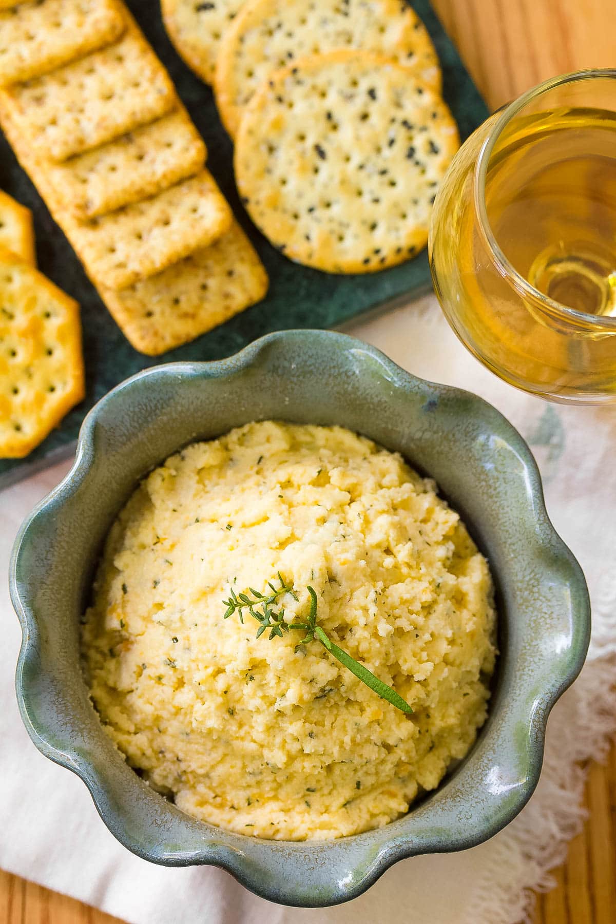 Top down view of cheese spread in a bowl.
