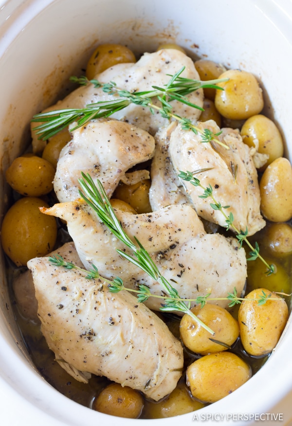 Easy Slow Cooker Garlic Butter Chicken and Potatoes | ASpicyPerspective.com
