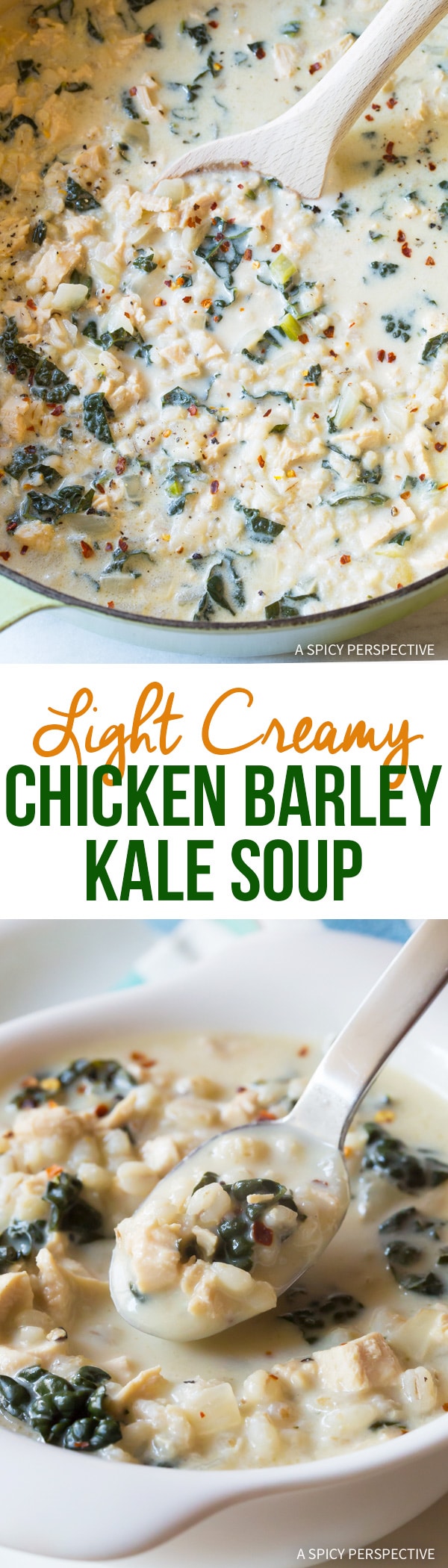 Amazing! Light Creamy Chicken Barley Kale Soup