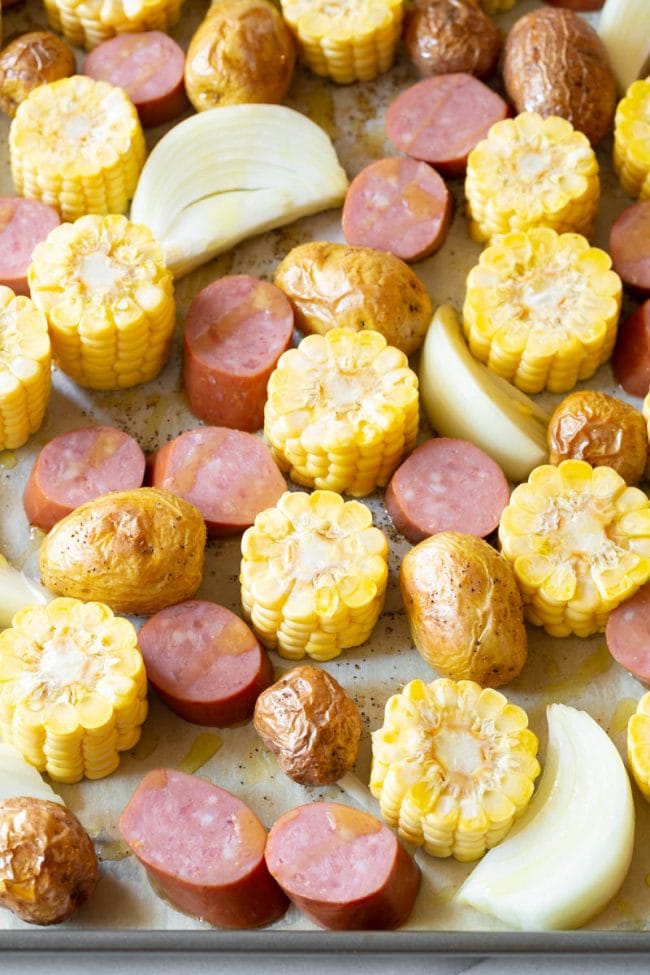 Potatoes, corn, kielbasa sausage, and onions.