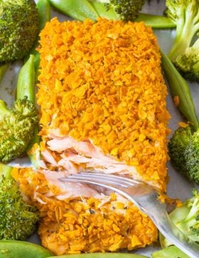 Crispy Sweet Potato Crusted Salmon Sheet Pan Dinner