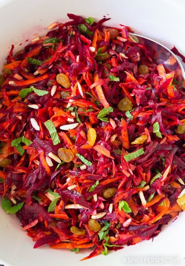 Carrot beet slaw in a serving dish.