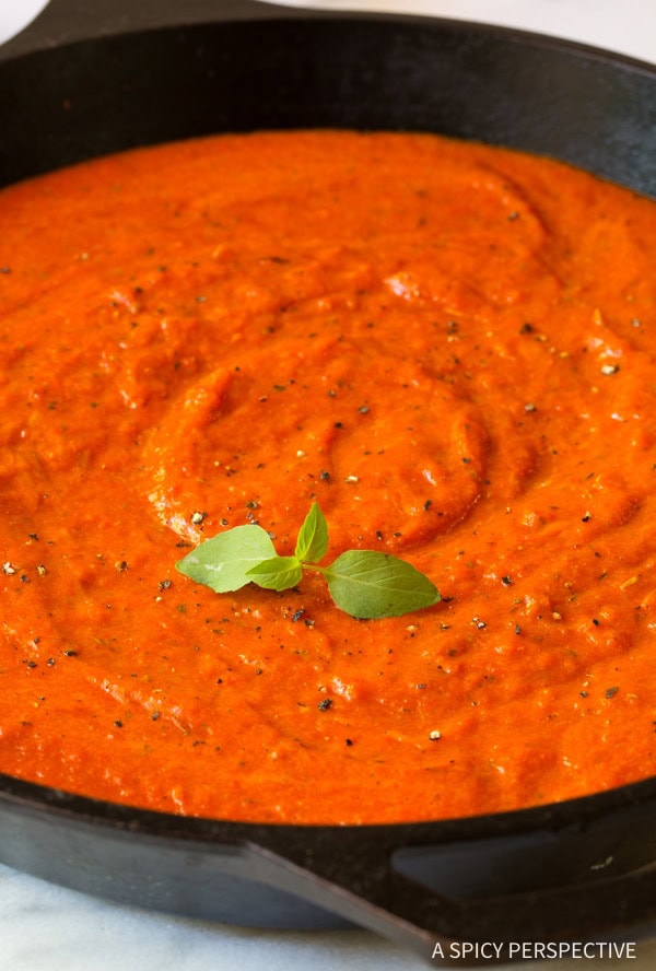 Silky Roasted Red Pepper Marinara sauce in a skillet. 