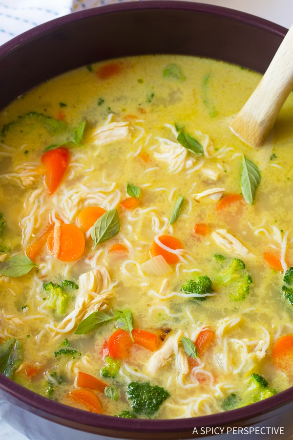 Vibrant Low Carb Green Curry Chicken Noodle Soup Recipe (Paleo & Ketogenic)