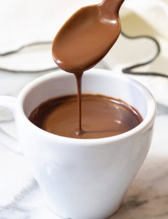 French Hot Chocolate Recipe AKA Drinking Chocolate - pouring from spoon.