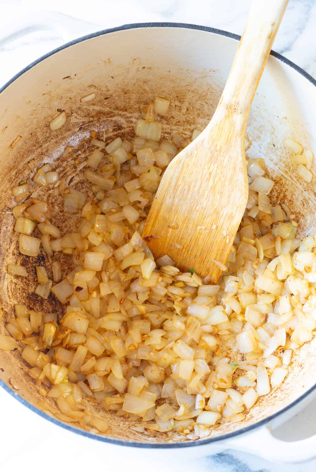sauteed onion in soup pot