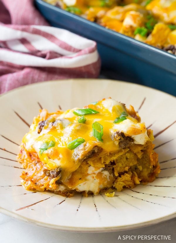 Closeup of a plated slice of Dorito casserole.