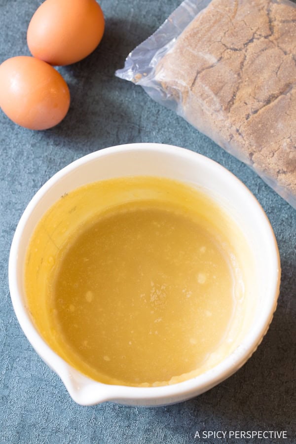 Blended wet ingredients for brown butter cookies.